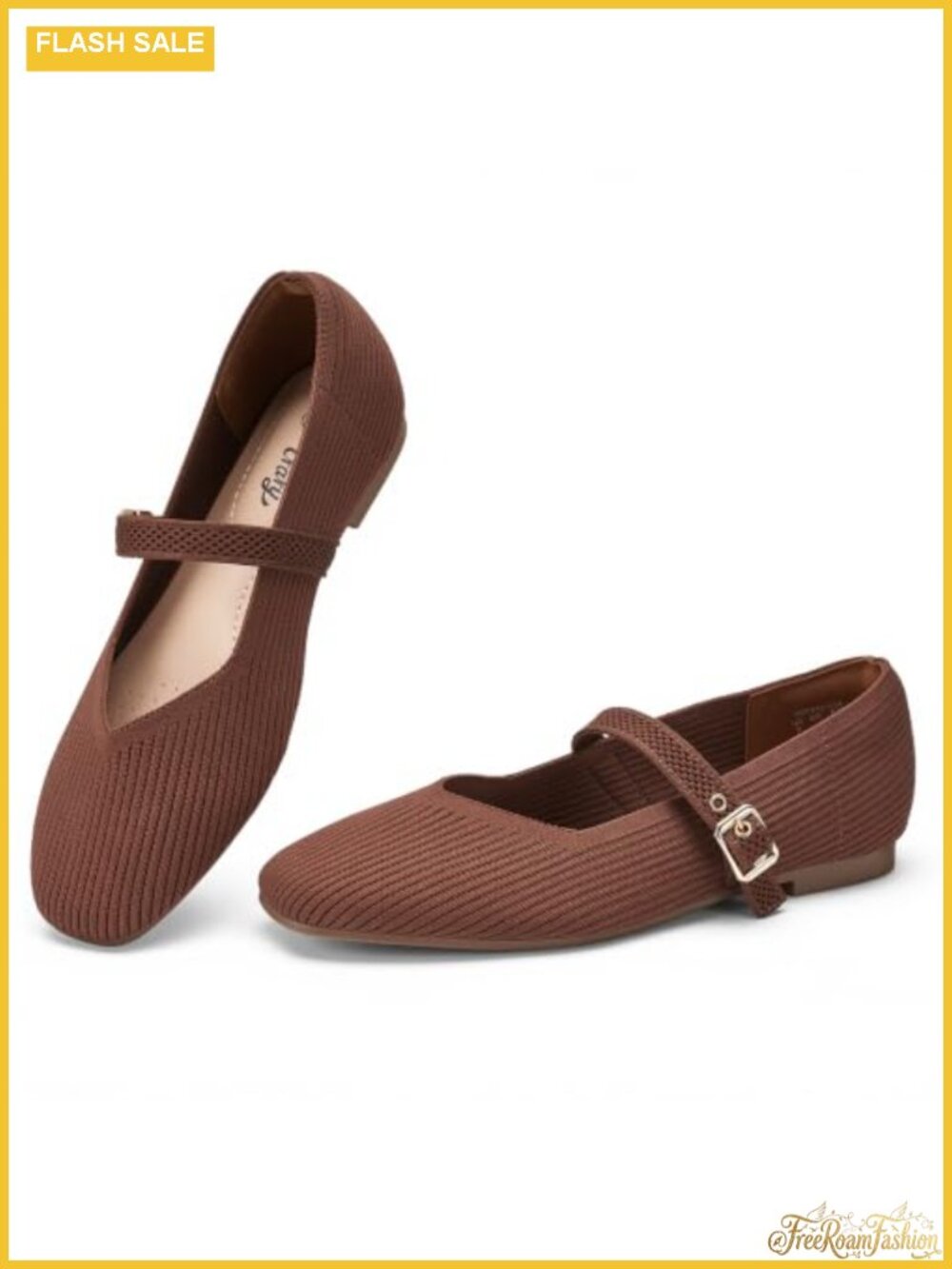Women's Square Toe Knit Mary Jane Flats Adjustable Buckle Strap Comfort